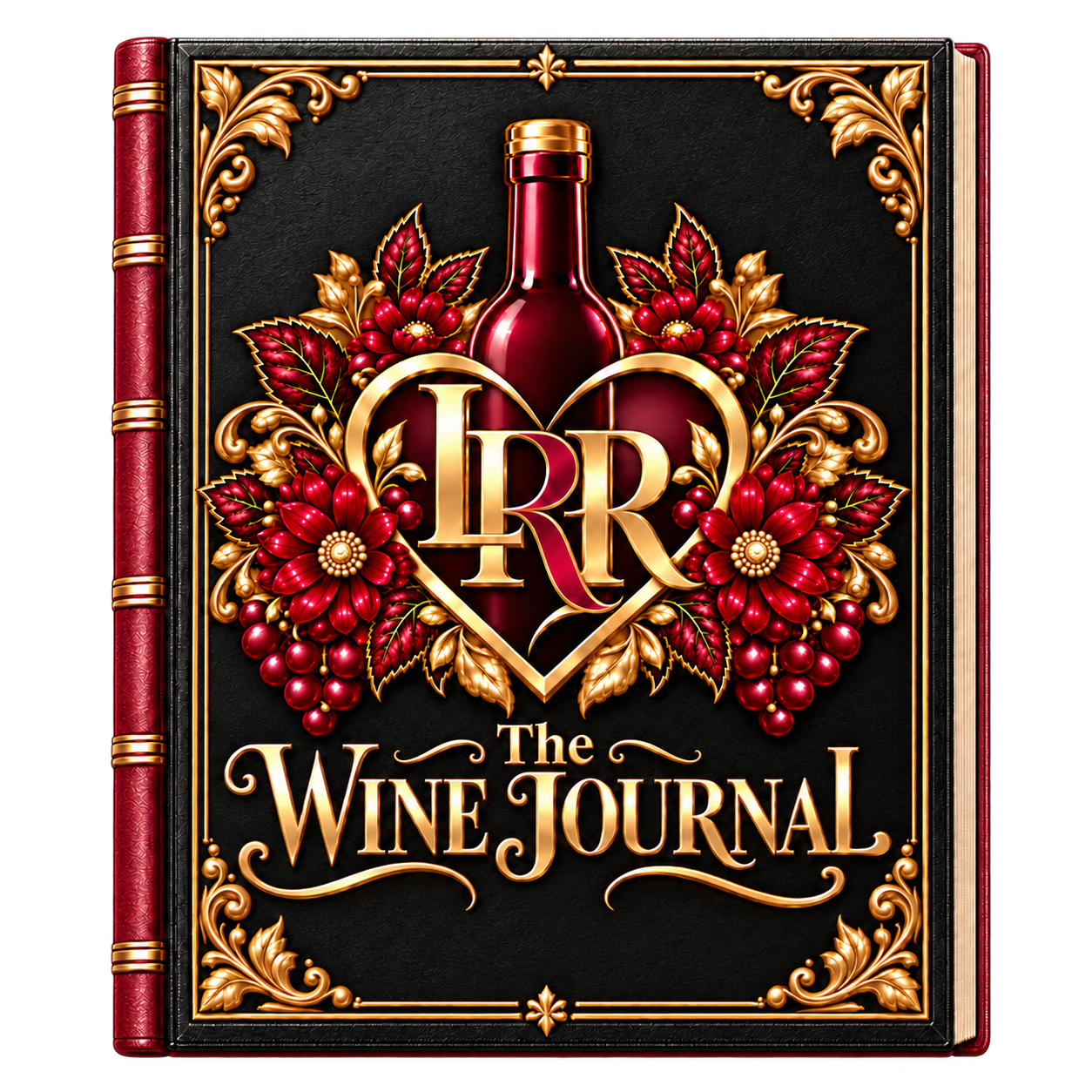 The Wine Journal: a black journal with burgundy edging, gold lettering, and the floral LRR bottle and heart logo